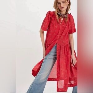 Free People Red Floral Button-Down Dress